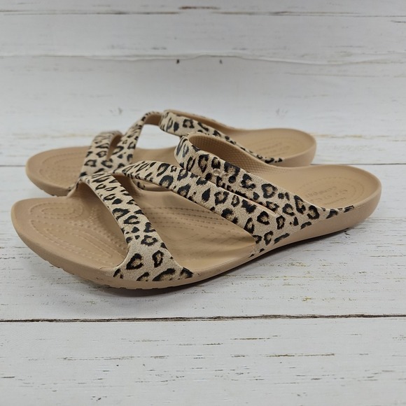 CROCS Shoes - Crocs Kadee II Leopard Womens 8 Beige Slip On Slide Sandals Lightweight 206894